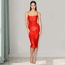 外贸女装修身中长款亮片连衣裙女夏Wish独立站无袖吊带连衣裙现货