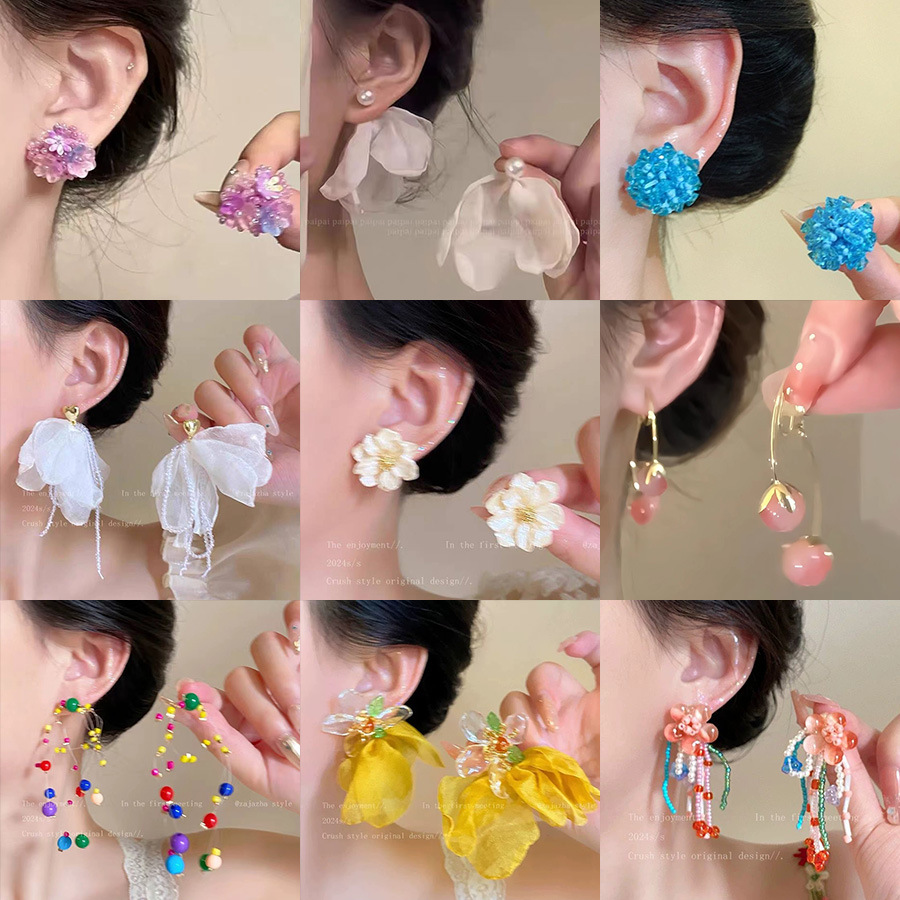 spring and summer vacation style exaggerated earrings sweet flowers silver needle high-grade dopamine earrings long tassel earrings