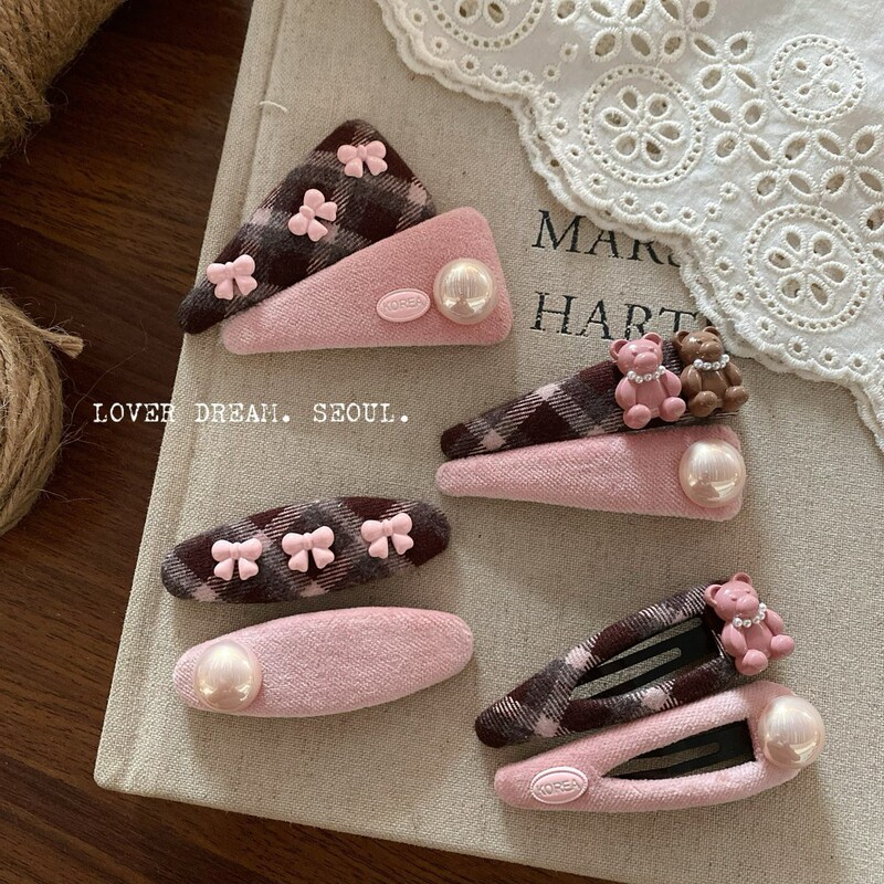 Korean Ins New Pink Plaid Bear Hairpin Set Cute and Sweet Bow Fashion Bangs Clip for Women Korean Ins New Pink Plaid Bear Hairpin Set Cute and Sweet Bow Fashion Bangs Clip for Women