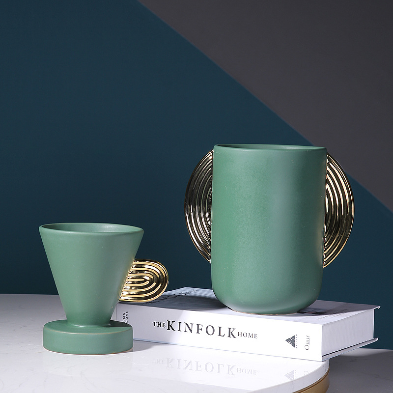 Nórdico luz de lujo esmeralda de oro oído florero de cerámica decoración sala de estar arreglo de flores secas mesa de comedor TV decoración del gabinete