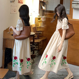 Ready-Made Maternity Wear New Summer Embroidered Cotton and Linen Dress