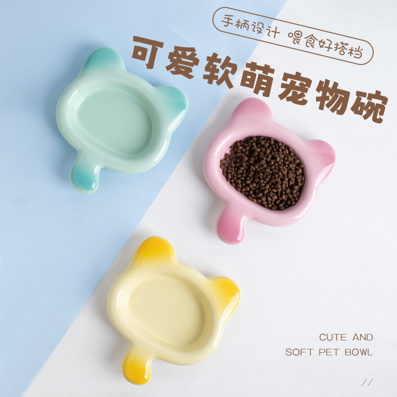 고양이 그릇, 세라믹 스낵 접시, 검은 턱 방지, 반전 방지 애완 동물 식사 접시, 고양이 먹이 그릇, 손잡이가 있는 새끼 고양이 통조림 고양이 접시