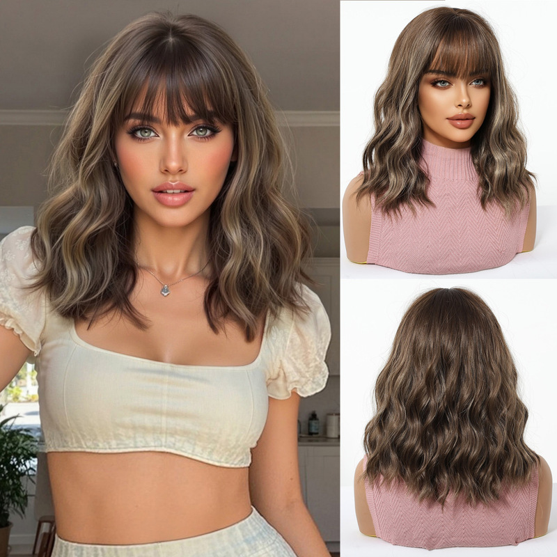 Factory Price New Model 12inch Short Curly Hair with Bangs, Natural High-Quality Synthetic Fiber Wig, Heat-Resistant