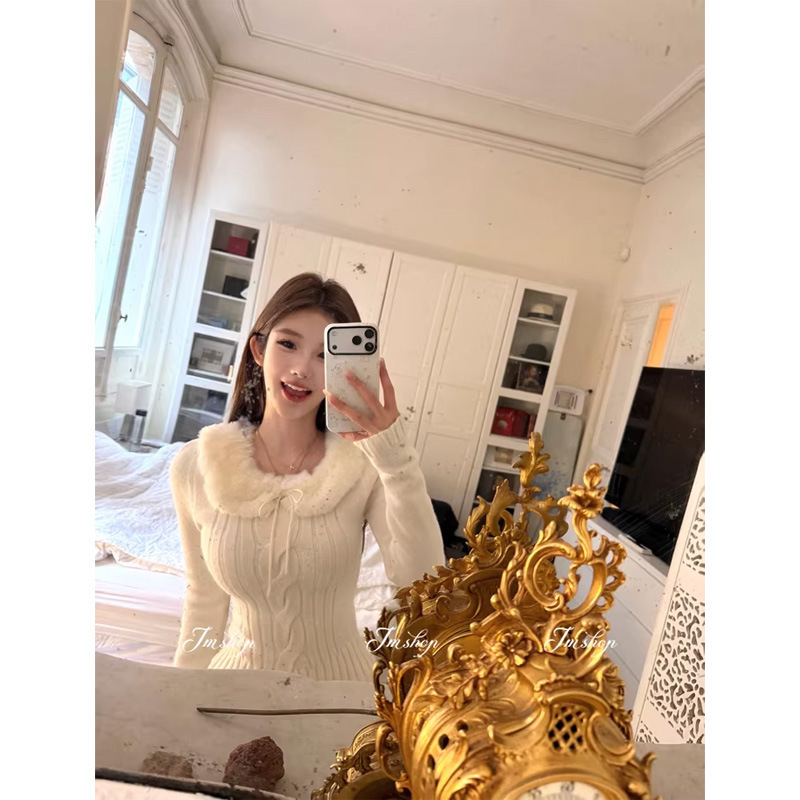 Jmshop Finnish Fairy Tale U-Neck Cable Knit Long-Sleeve Top for Women, Stylish Autumn and Winter Sweater with Eco-Friendly Fur Collar Knit Jmshop Finnish Fairy Tale U-Neck Cable Knit Long-Sleeve Top for Women, Stylish Autumn and Winter Sweater with Eco-Friendly Fur Collar Knit