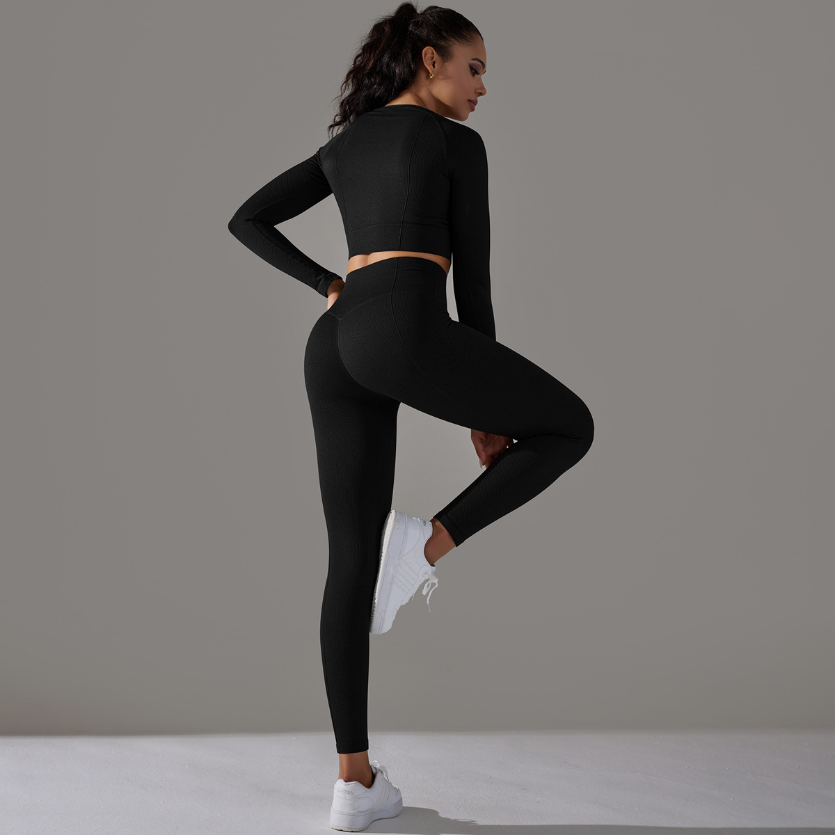 Rochie de yoga Jacquard pentru femei, cu mânecă lungă, talie înaltă, colanți de șold, îmbrăcăminte sport pentru fitness_voghion.com