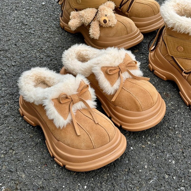 Cute Bow-Knot Half-Drag Toe-Cap Cotton Shoes for Women 2025 New Velvet Fashion Thick-Soled Wool Snow Boots