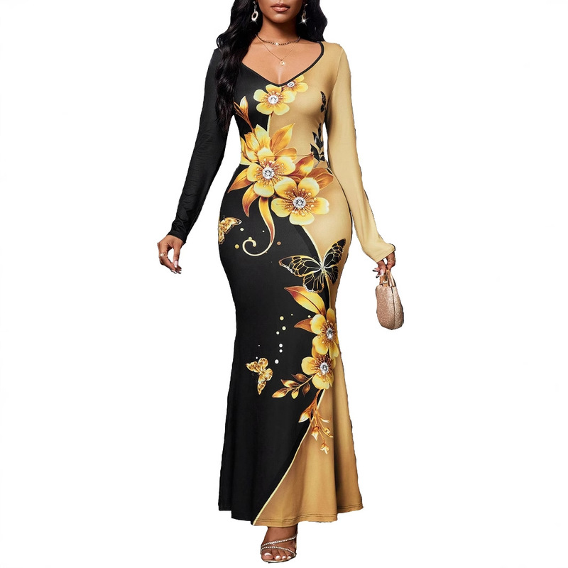 OS7038 new cross-border Amazon Europe and the United States 3D digital printing long sleeve V-neck sexy slim dress evening dress