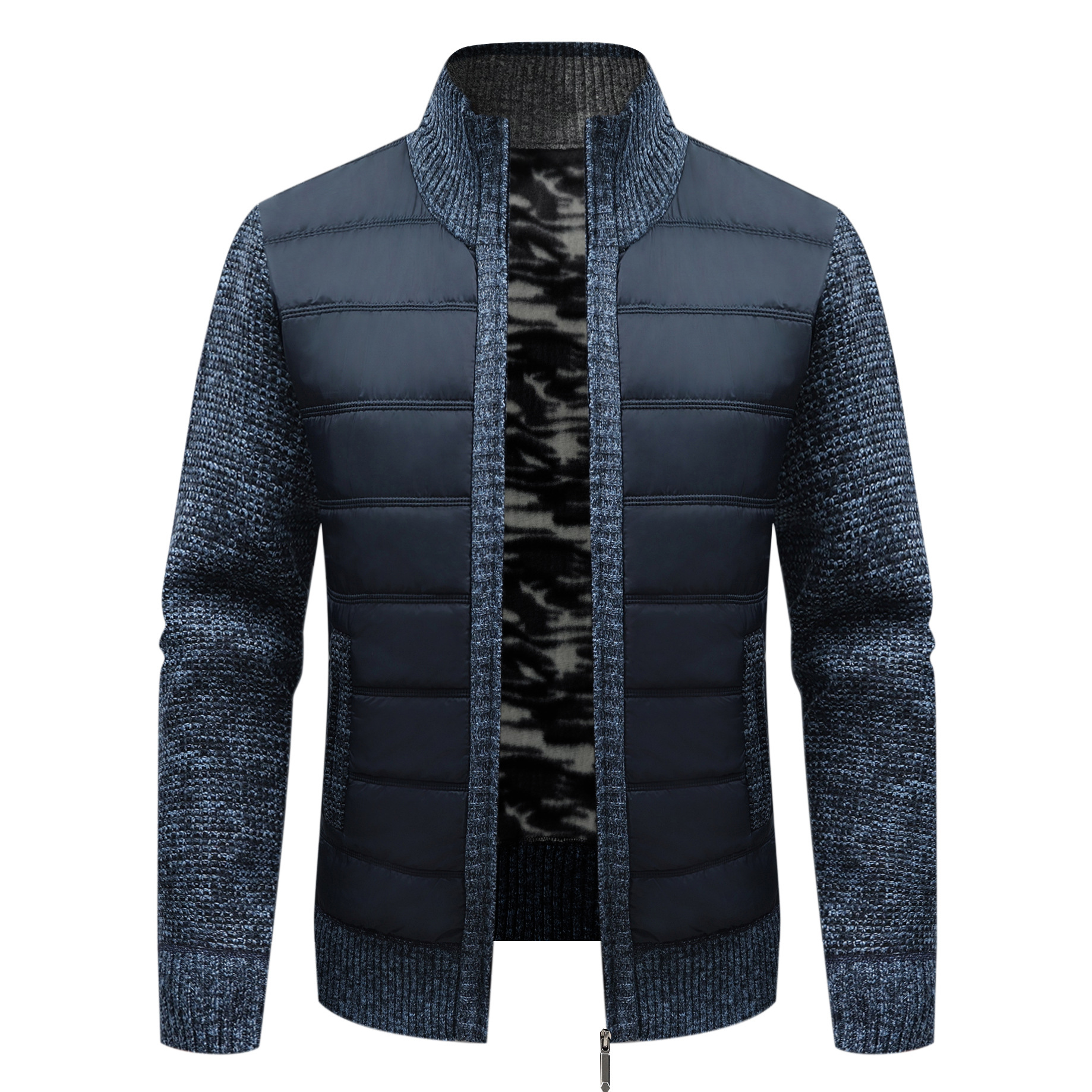 Herren-Strickjacke mit Stehkragen, Fleece-Futter, dick, langärmlig, Farbblock-Strickjacke, warm, schmale Passform, Pullover (mehrere Farben)_voghion.com