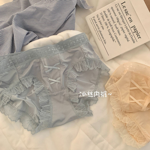 Japanese pure desire style lace underwear, girl breathable pure cotton crotch sexy invisible ice silk tie belt mid-low waist triangle pants