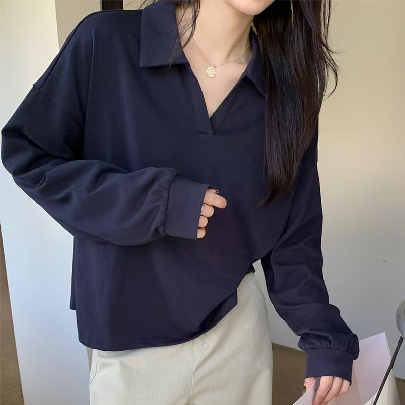 Casual Loose-Fitting Top Versatile Polo Collar Knitted Base Shirt for Women 2026 New Spring Inner Wear Sweatshirt