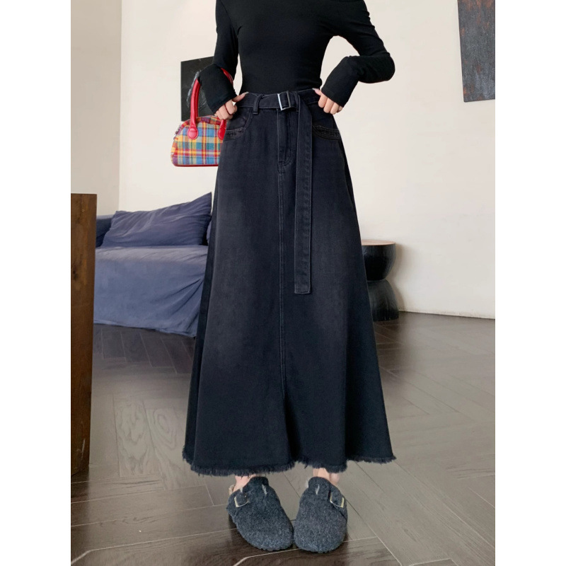 レトロなローエッジの大きな裾のデニムスカート、女性用春夏の新しいハイウエストスリムでドレープ感のある万能なミドル丈のAラインスカート|undefined