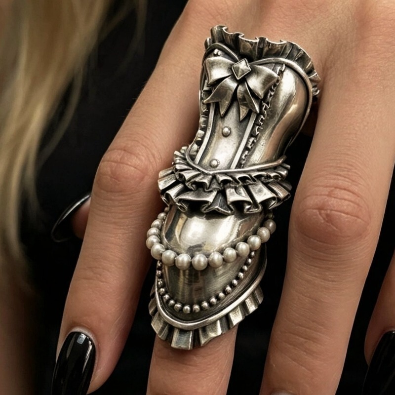 Vintage Silver High-Heel Shoe-Shaped Pearl Ring, Women's Unique Artistic Finger Jewelry