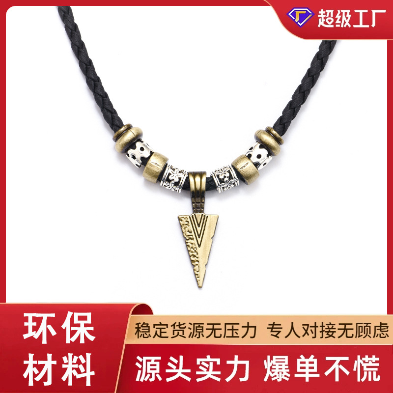 Temu Amazon Hot Selling Vintage Necklace Drawable Wax Rope Metal Wolf Head Letter Pendant Necklace Jewelry Men