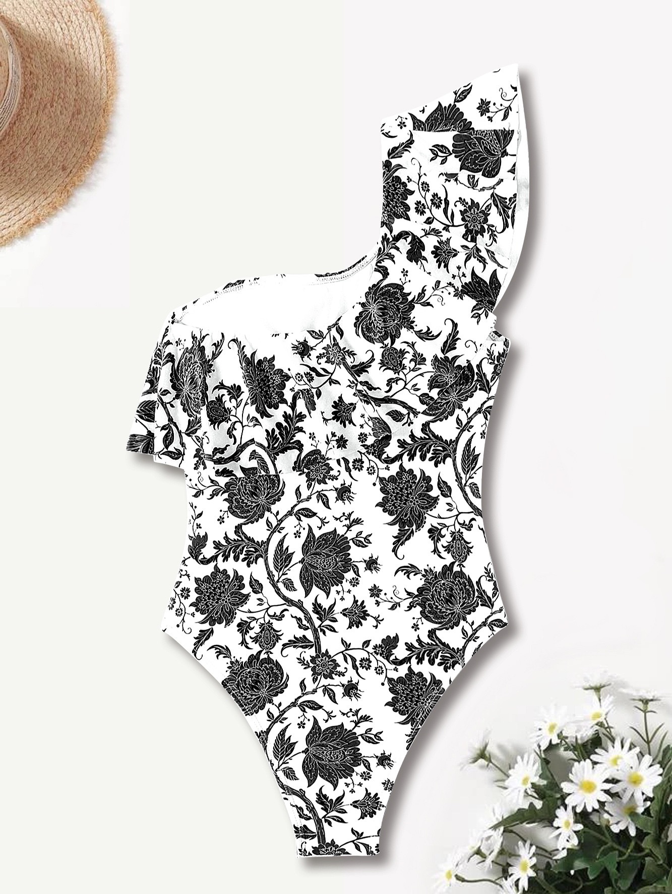 201g Weight Sleeveless Sleeve Length Polyester Fabric Type Regular Top Length Bodysuit Tops Type Swimming Occasion One Shoulder Neckline Skinny Fit Type Flower Pattern Women's Gender Bohemian Style Women's Bohemian Flower One Piece Swimwear 11
