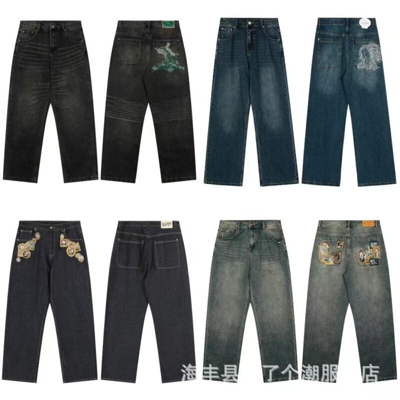 Cross-Border Foreign Trade Trendy Brand New Casual Pants Cartoon Plum Blossom Cherry Blossom Embroidery Street Loose Wide-Leg Jeans Trendy Cross-Border Foreign Trade Trendy Brand New Casual Pants Cartoon Plum Blossom Cherry Blossom Embroidery Street Loose Wide-Leg Jeans Trendy