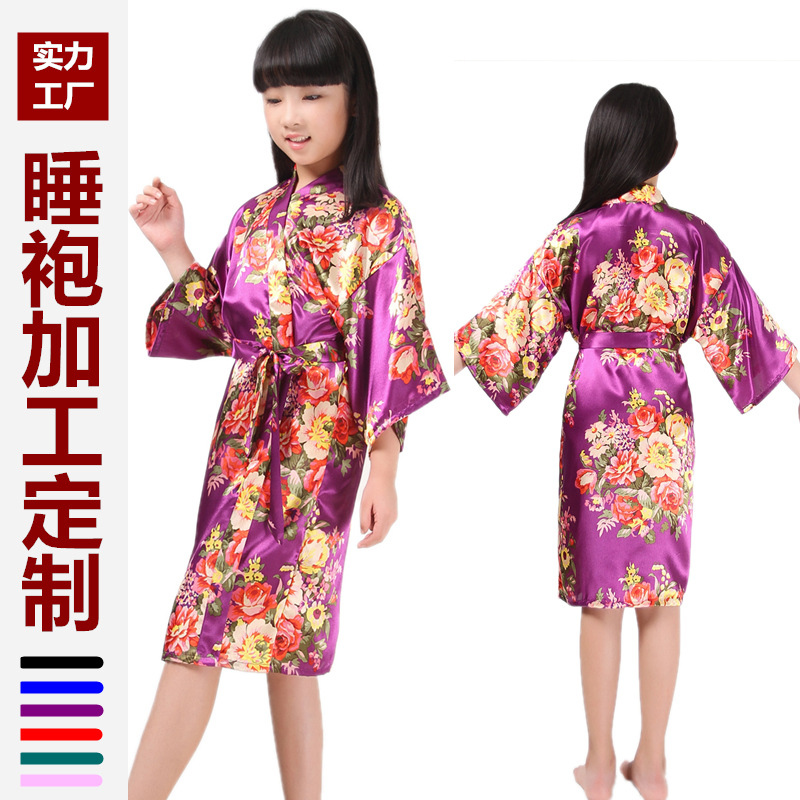 定制 跨境兒童仿絲睡袍浴袍花童夏薄款甜美長款大花居家開衫袍