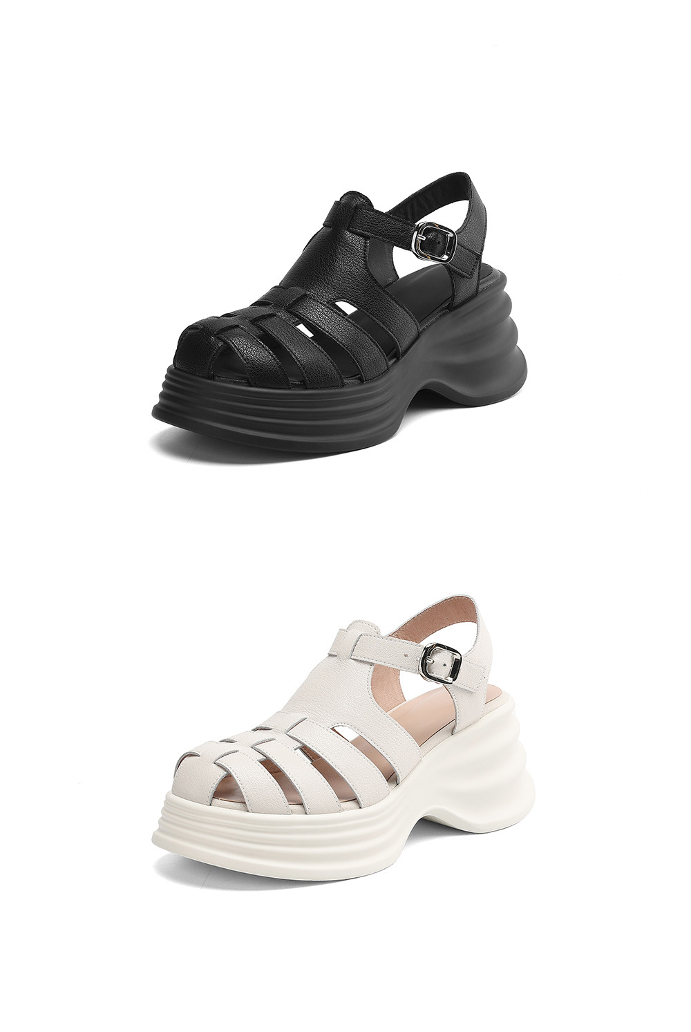 Sandal La Mã đế rỗng dệt mũi kín da thật gót cao 9 cm — đen chi tiết 21