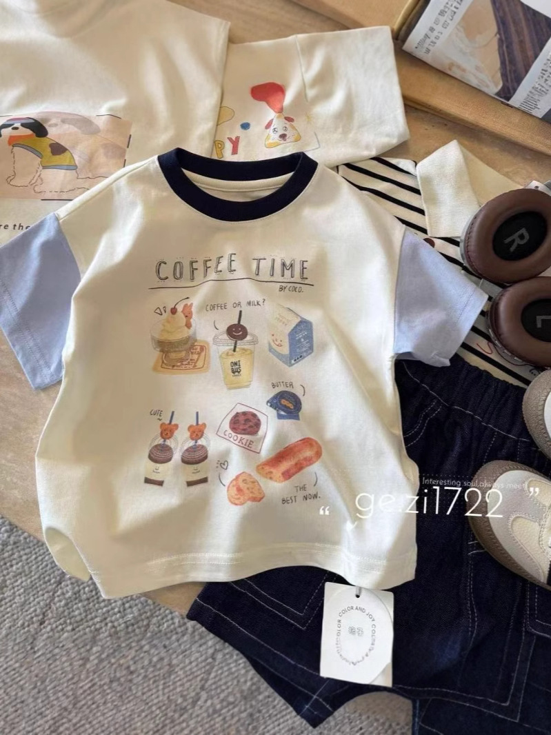 子供の新型の男女の子供の夏の漫画の色合わせの赤ちゃんの半袖の純綿の洋気のtシャツの半袖の子供の上着のT