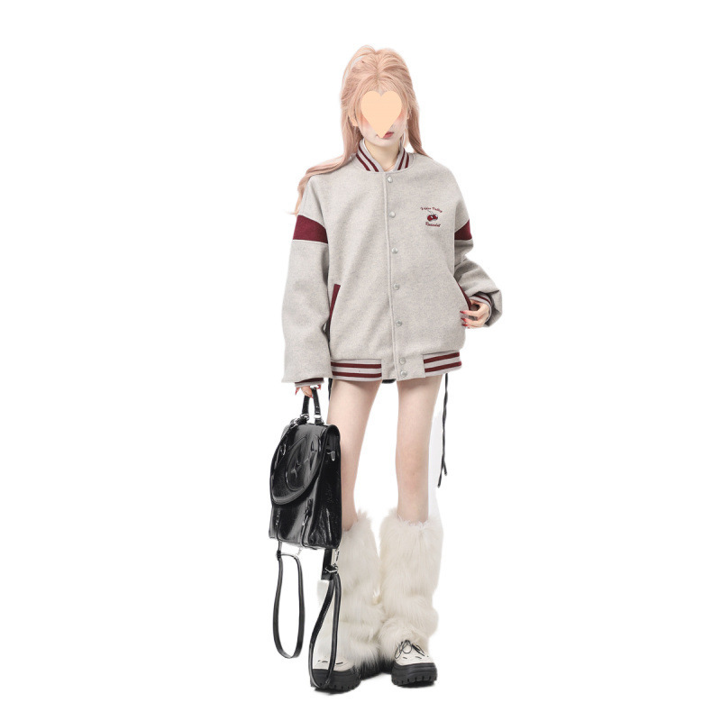 跨境美式宽松灰色拼接棒球服外套女春秋款2025年设计感小众飞行员|undefined