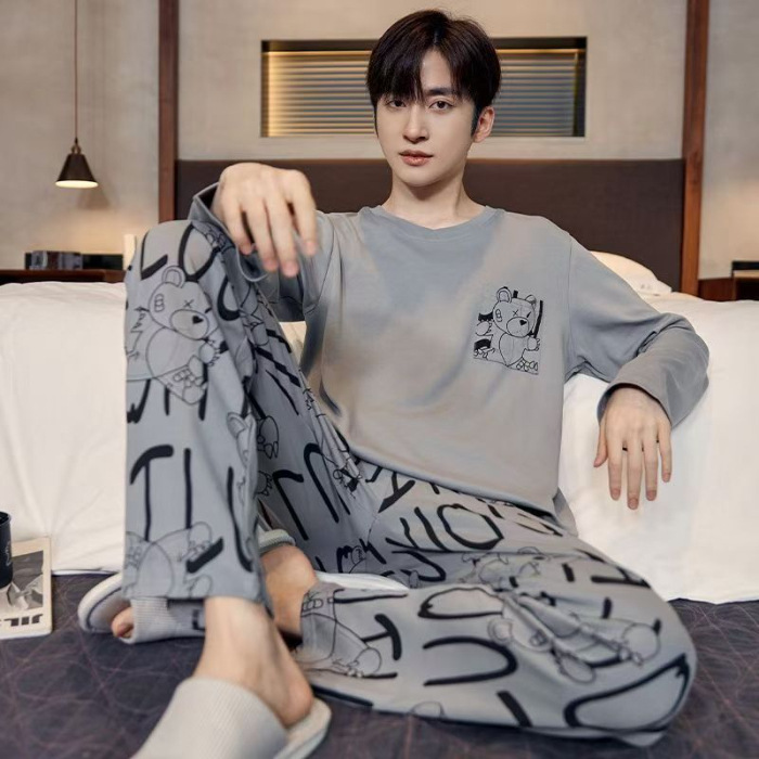 Corea del Sur 2024 pijamas de hombre de otoño pantalones de manga larga larga con un conjunto de sombreros más grande ropa casera simple al por mayor