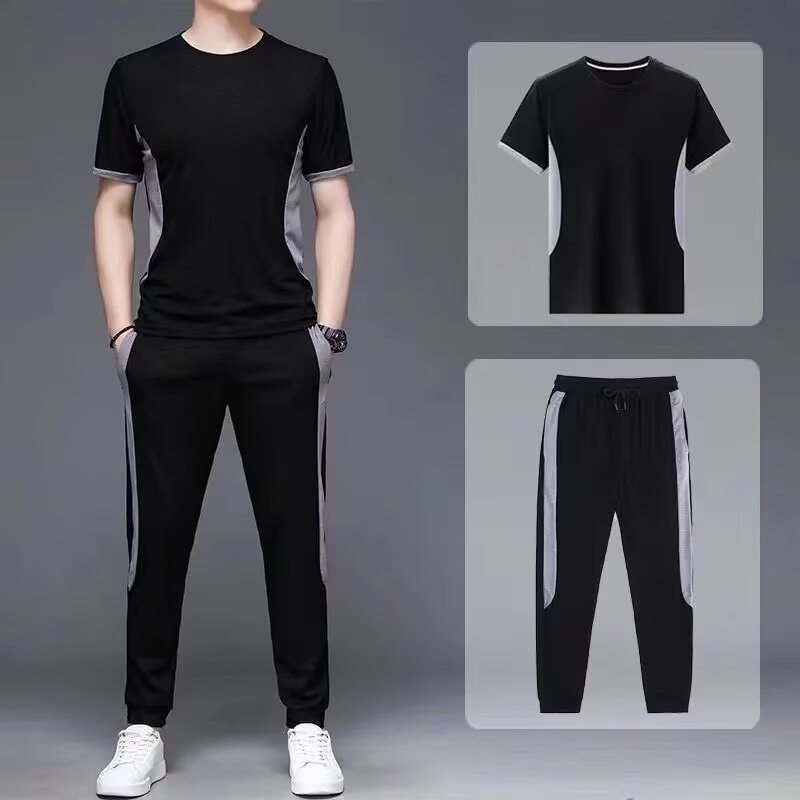 2026 Summer New Men's Ice Silk Tracksuit, Trendy Short-Sleeve Casual Pants, Korean Style, Fashionable Thin Style