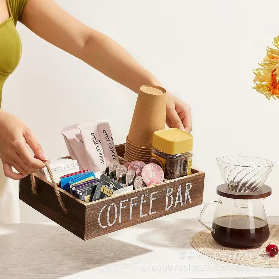 Caja de almacenamiento de café de madera con partición Caja de acabado de barra de café para el hogar con manija Caja de madera de estilo rural de granja
