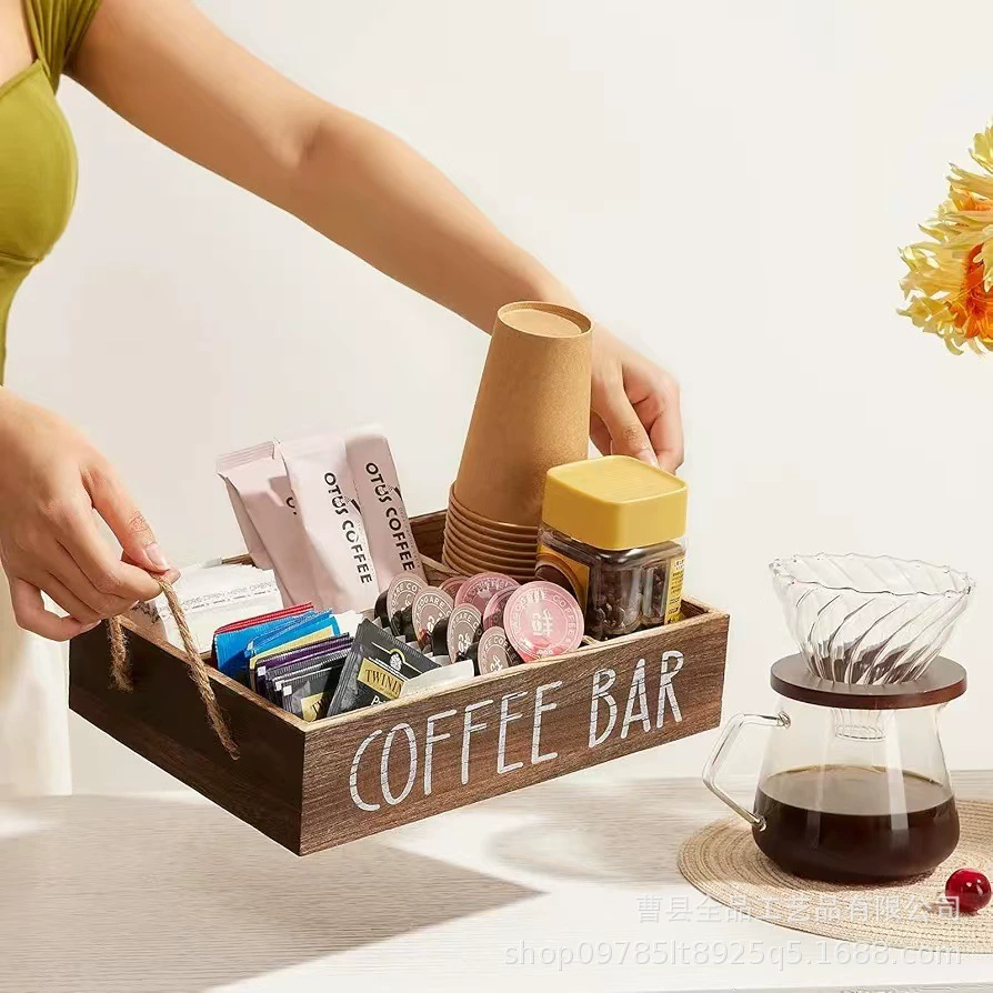 Деревянная коробка для хранения кофе с перегородкой Домашний кофе бар отделочный ремень коробка ручка ферма ветер деревенский деревянный ящик