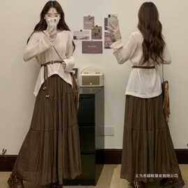 大码女装胖法式温柔风温柔风系带针织衫半身裙秋季穿搭两件套女