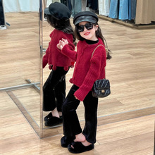 女童秋冬装安哥拉红马海毛毛球毛衣+黑色奥利绒内里喇叭裤分开拍