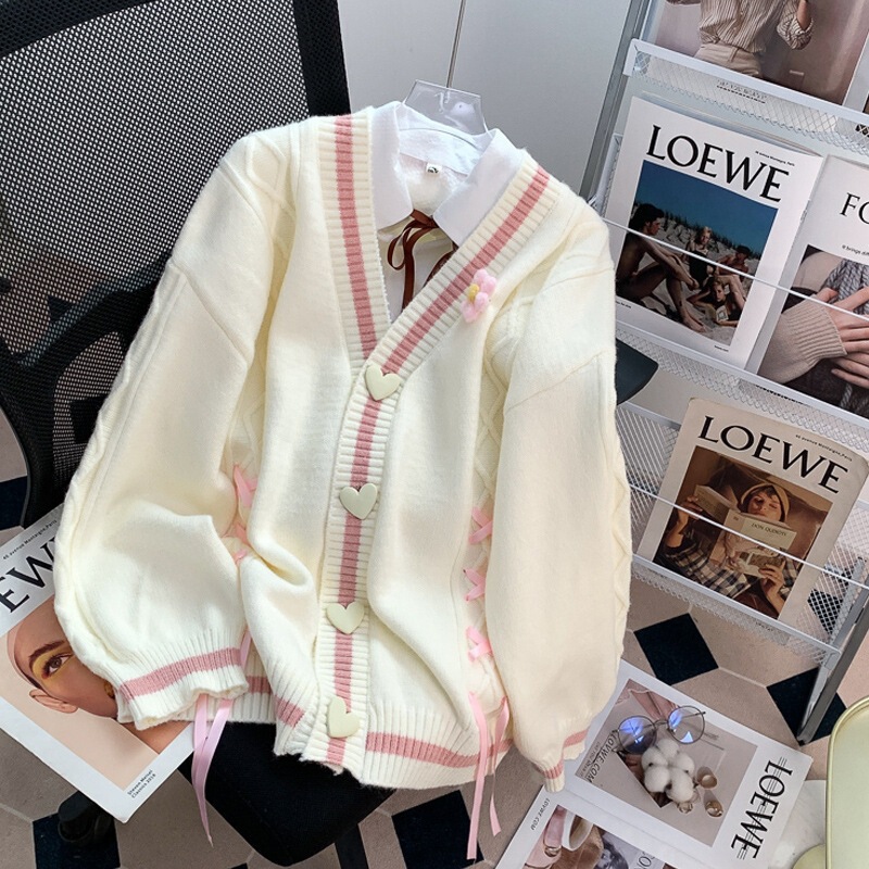 New College Style Sweet Autumn and Winter Loose Knitted Cardigan Women's Design Tops Lazy Style Sweater Jacket Women