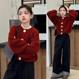 女童毛衣外套秋冬2024新款女孩洋气红色针织儿童秋装开衫上衣深秋