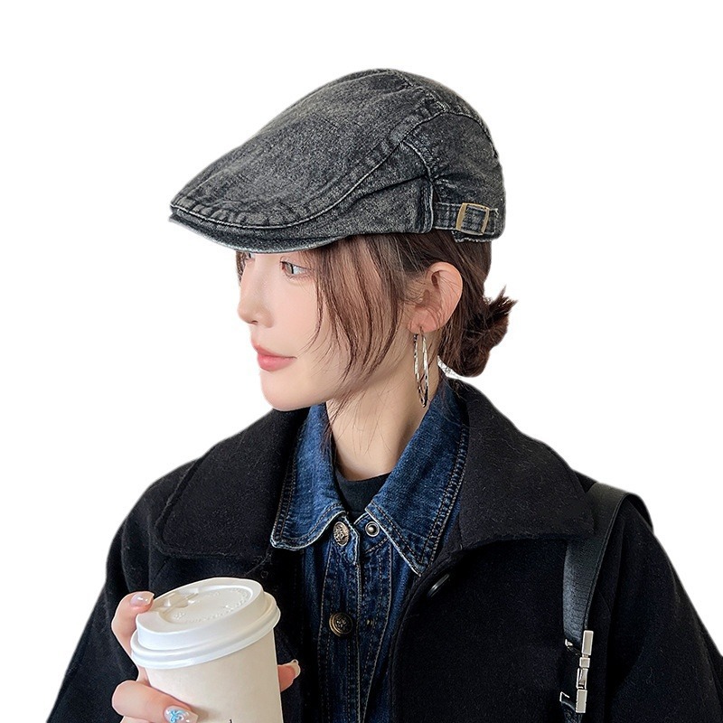 Mujeres primavera y verano muestran cara pequeña con gorra de boina de lengua de pato, gorra de vaquero coreana retro lavada con agua.