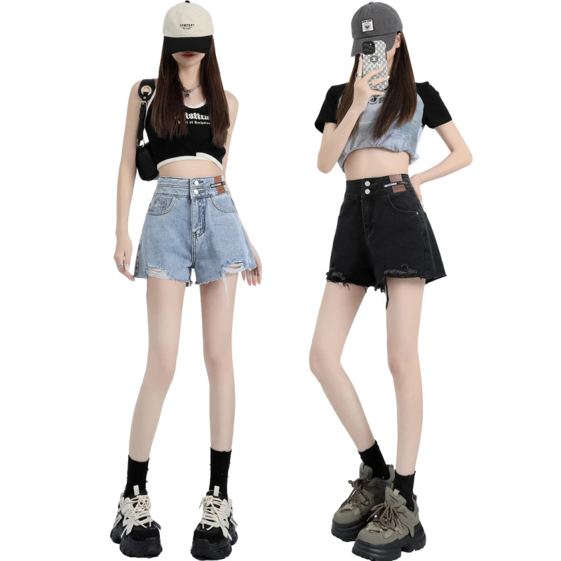 Ripped Fringe A-Line Denim Shorts for Women, High-Waisted, Slimming, Summer Thin Style, Versatile, Petite, Black Hot Pants