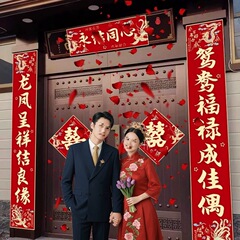 结婚对联男方农村大门喜联全套婚礼女方出嫁入户门喜字贴装饰