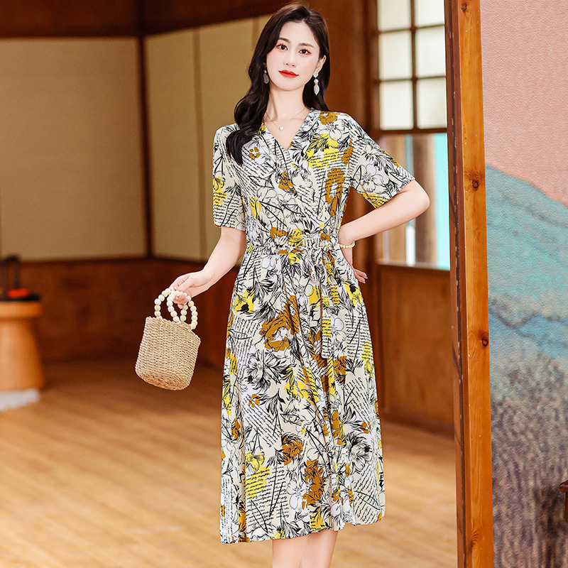 高端棉绸连衣裙新款夏季女妈妈时尚印花人造棉宽松大码外穿长裙子|undefined