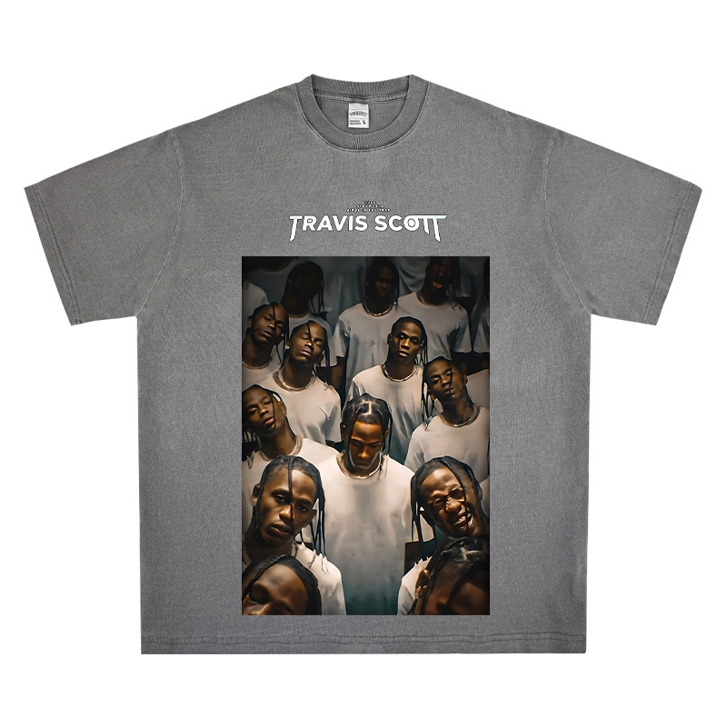 Bc Europa y América calle hip hop Travis Scott rap personaje impreso lavado apenado suelta manga corta Camiseta de los hombres