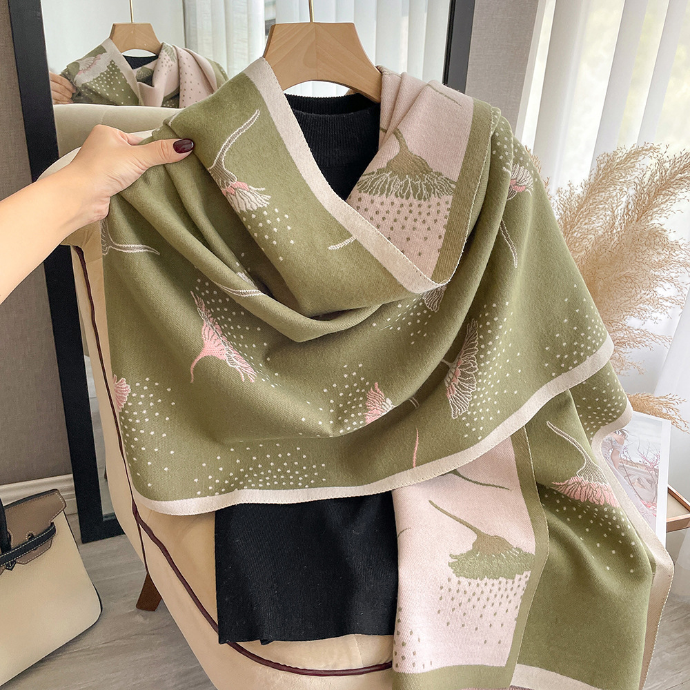 Imitation Cashmere Thickened Scarf for Girls with Dandelion Pattern Color Matching Shawl, Short Whiskers, Tassels Decoration, Warm Scarf_voghion.com