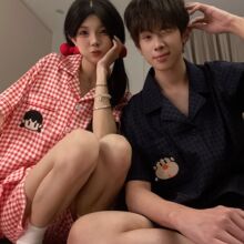 情侣睡衣女夏季云朵棉可爱格子胖虎与静香开衫短袖男款家居服套装