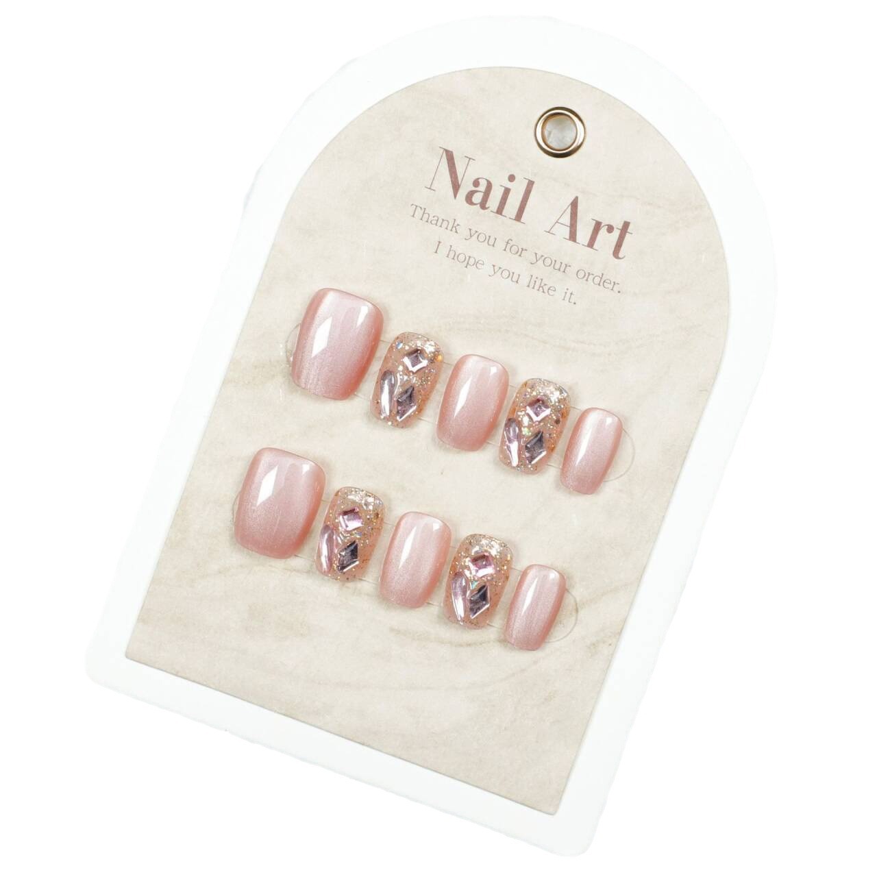10 piezas en un paquete de diamantes hechos a mano para usar uñas rosadas, ojos de gato, parches de uñas cortos de verano, parches de uñas falsas suaves y dulces