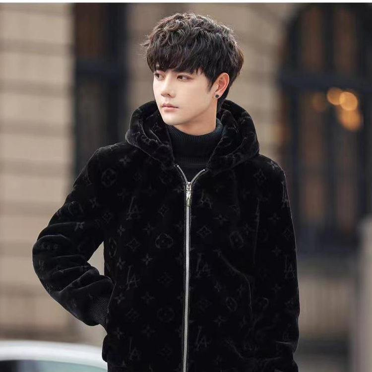 2025 Winter Men's Mid-Length Haining Fur Integrated Mink Wool Coat for Young and Middle-Aged Men, Hooded Thickened Fur Jacket