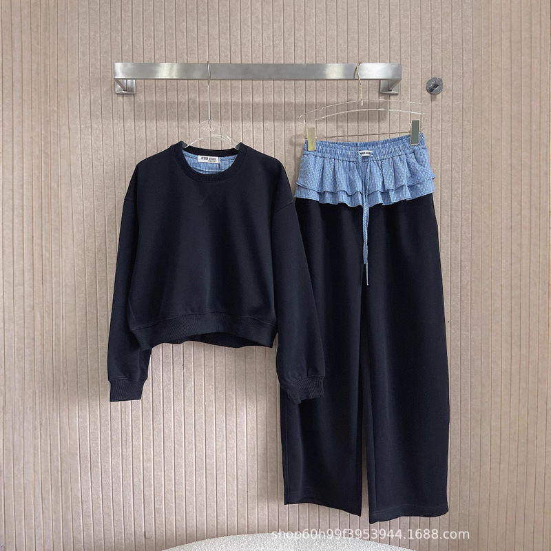 25春季新款 设计感套装圆领宽松卫衣+拼接格子花边休闲卫裤女款|undefined