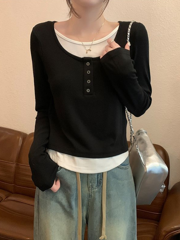 モーダルの偽の2つの長袖のtシャツの女性の秋冬の新型の修身はやせている上着の美ラードの丸首の底のシャツの春を現します。|undefined