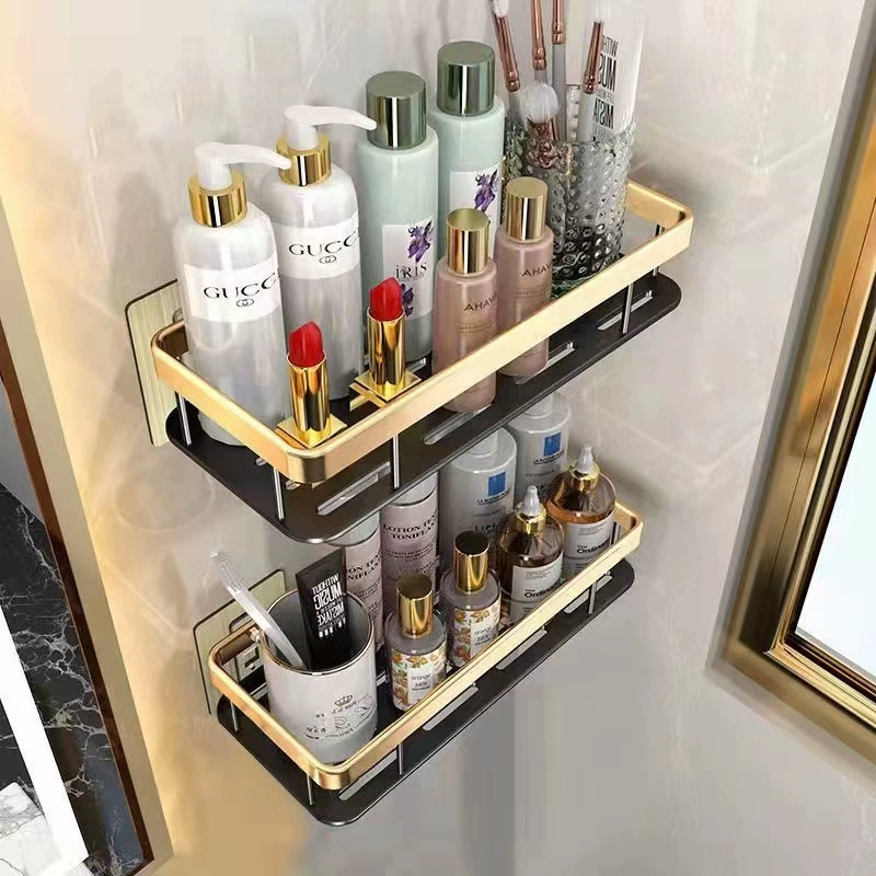 Wall-Mounted Bathroom Shelf, gold & black no-drill stainless steel rectangular, single or double layer
