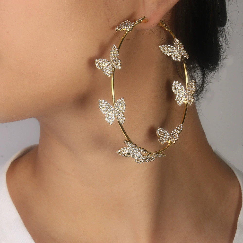 Европейская и американская трансграничная бабочка ушной сетки красный легкий роскошный дизайн страз круг серьги женственность моды универсальный серьги