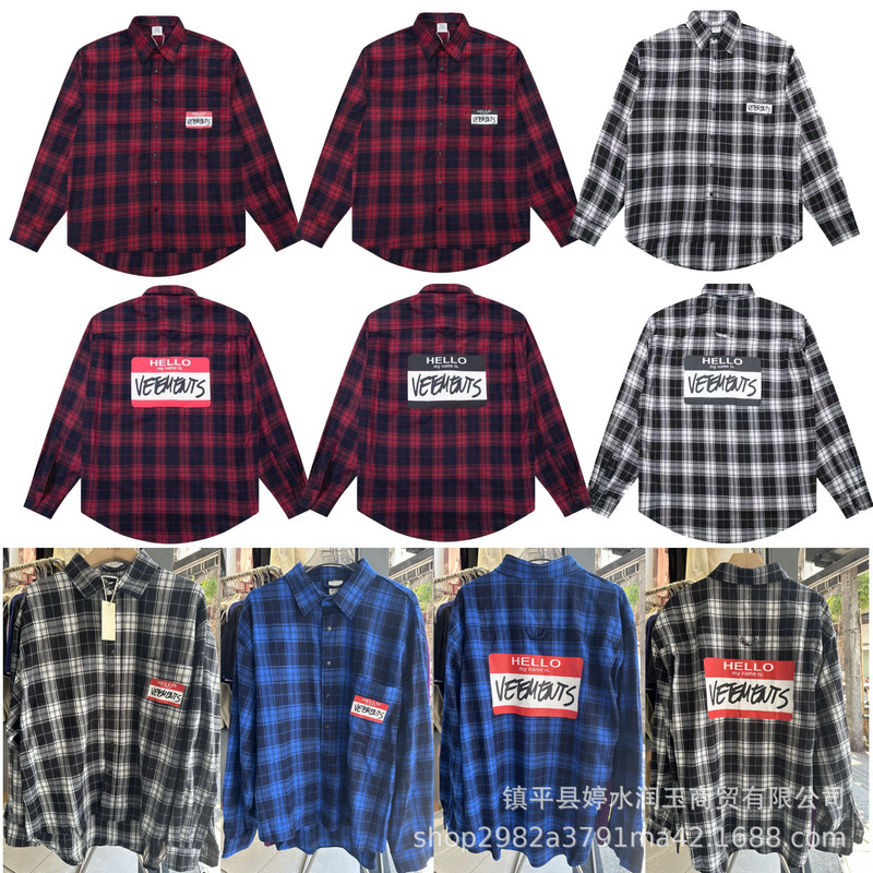 Cross-border New VTM Witt Moe OS Loose Casual Letter Signature Plaid Long Sleeve Shirt Trendy Brand for Men and Women