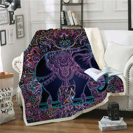 跨境直供毛毯空调毯午睡毯小毯子午休毯印度紫色大象法兰绒毛毯