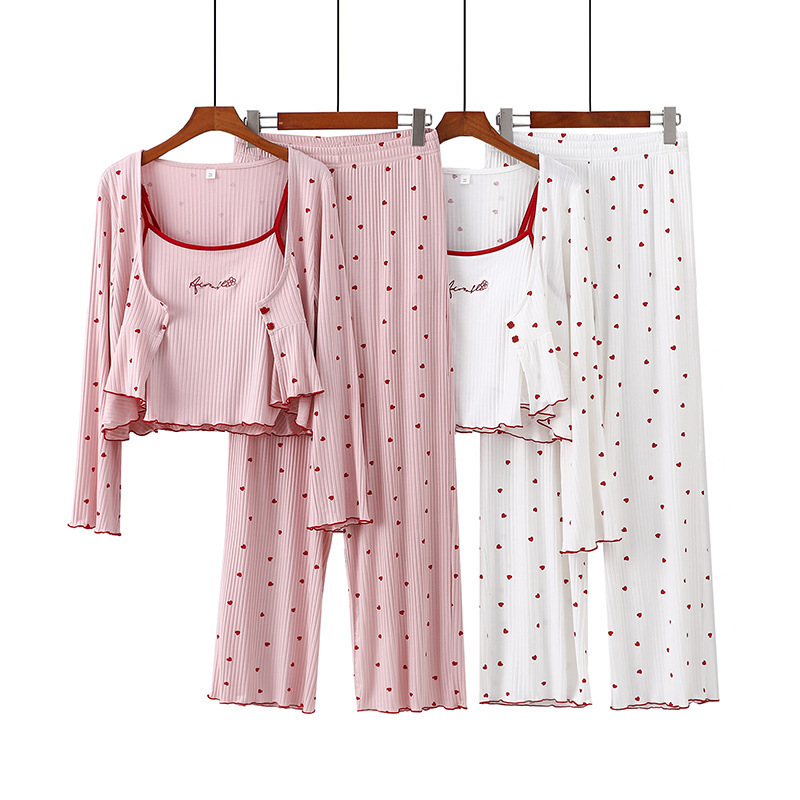 Breast Pad Modal 8*5 Pit Strips Heart Print Suspenders Long-Sleeved Pants Home Wear Pajamas Spring and Summer Three-Piece Suit