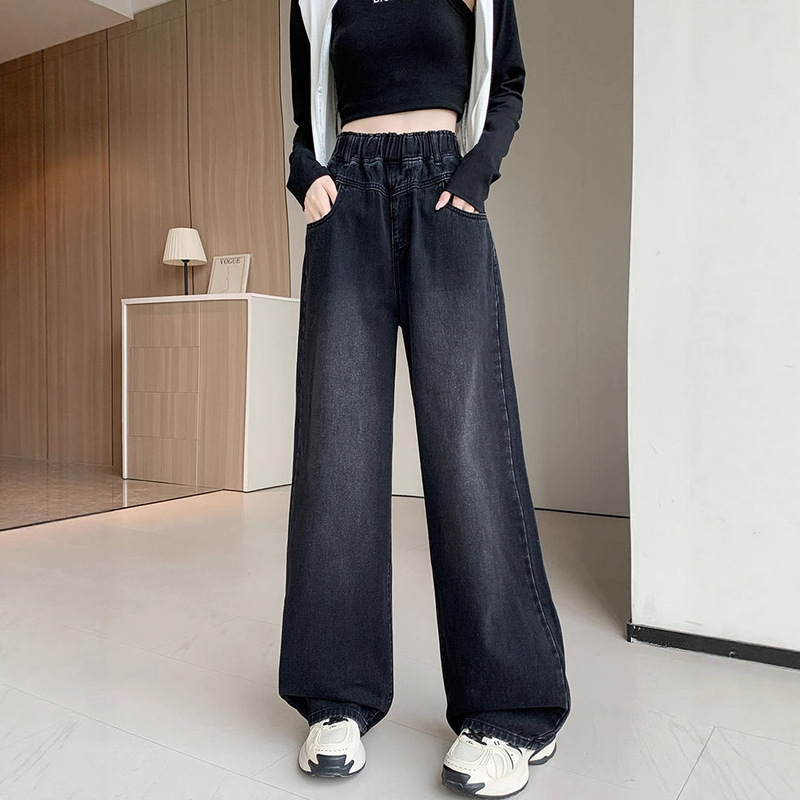Plus-Size Black Straight-Leg Wide-Leg Loose High-Waisted Jeans for Women, Slimming and Floor-Length, Extra Large for Students 100kg