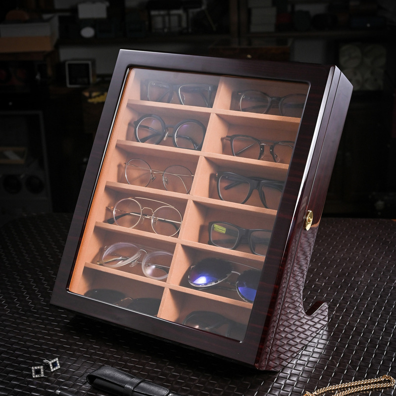 Vertical glasses storage box 12 grid sunglasses display box sunglasses bow tie storage box light luxury sunglasses box wooden with lock
