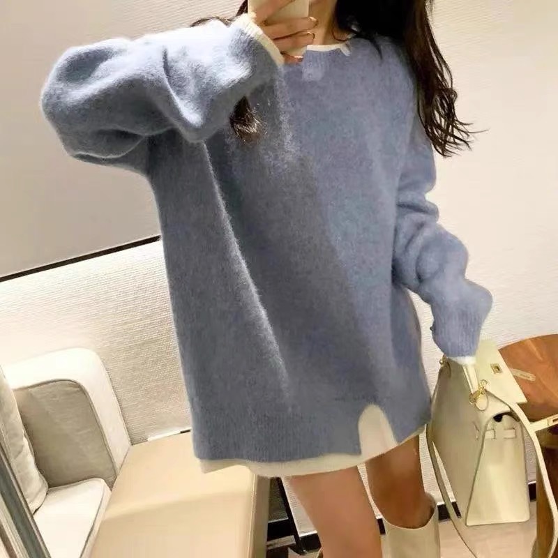 GraceChic GraceChic GraceChic 2021 Two-Piece Knitted Autumn Winter New Korean Version Age-Reducing Loose Soft Casual Color-Block Sweater Coat For_voghion.com
